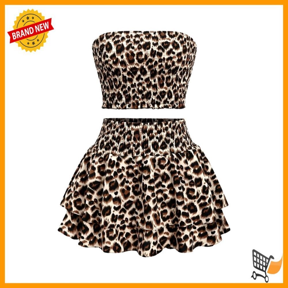 Leopard Print Tube Top Mini Skirt Set Y2K Two Piece Outfit Sexy